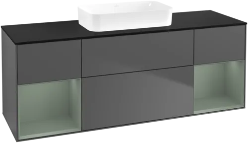 VILLEROY BOCH Toaletní skříňka Finion, s osvětlením, 4 výsuvy, 1600 x 603 x 501 mm, antracitový matný lak / olivový matný lak / černé matné sklo #F742GMGK