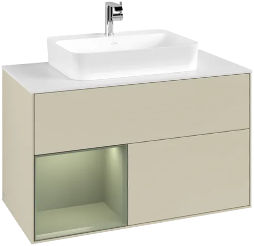 VILLEROY BOCH Toaletní skříňka Finion, s osvětlením, 2 výsuvy, 1000 x 603 x 501 mm, hedvábně šedý matný lak / olivový matný lak / bílé matné sklo #F361GMHJ
