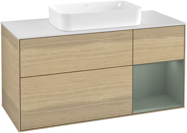 VILLEROY BOCH Toaletní skříňka Finion, s osvětlením, 3 výsuvy, 1200 x 603 x 501 mm, dubová dýha / olivový matný lak / sklo bílé matné #F301GMPC