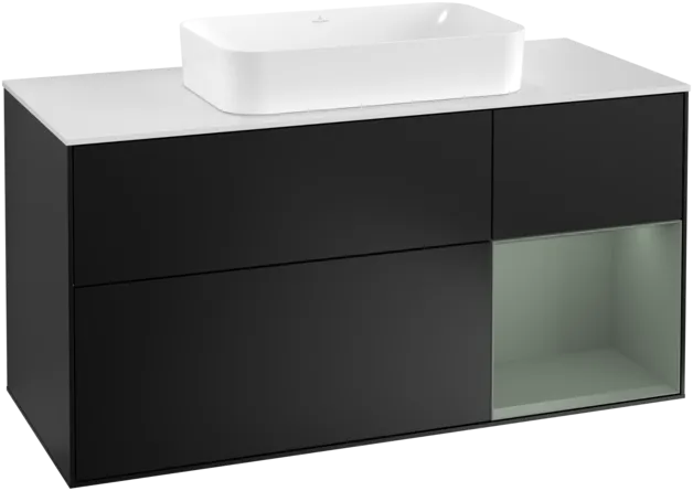 VILLEROY BOCH Toaletní skříňka Finion, s osvětlením, 3 výsuvy, 1200 x 603 x 501 mm, černý matný lak / olivový matný lak / bílé matné sklo #F301GMPD