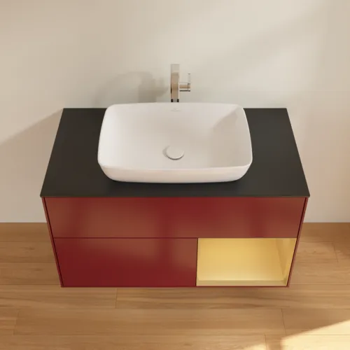 VILLEROY BOCH Toaletní skříňka Finion, s osvětlením, 2 výsuvy, 1000 x 603 x 501 mm, Peony Matt Lacquer / Gold Matt Lacquer / Glass Black Matt #F782HFHB, obrázek 4