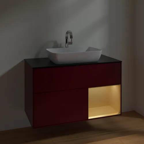 VILLEROY BOCH Toaletní skříňka Finion, s osvětlením, 2 výsuvy, 1000 x 603 x 501 mm, Peony Matt Lacquer / Gold Matt Lacquer / Glass Black Matt #F782HFHB, obrázek 5