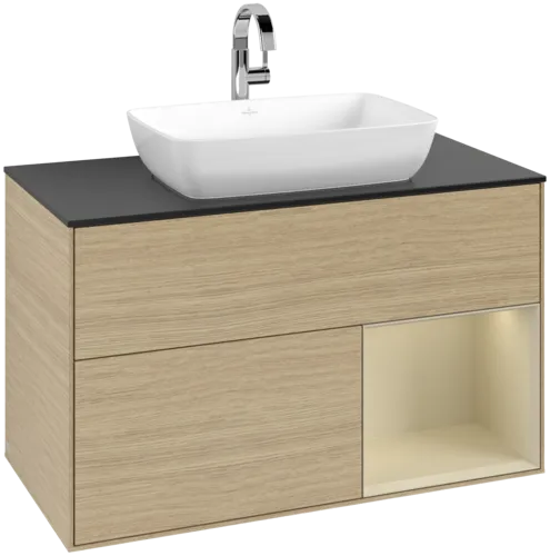 VILLEROY BOCH Toaletní skříňka Finion, s osvětlením, 2 výsuvy, 1000 x 603 x 501 mm, dubová dýha / hedvábně šedý matný lak / sklo černé matné #F782HJPC