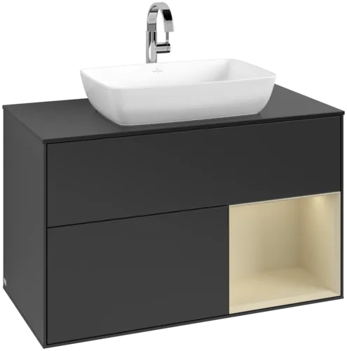 VILLEROY BOCH Toaletní skříňka Finion, s osvětlením, 2 výsuvy, 1000 x 603 x 501 mm, černý matný lak / hedvábně šedý matný lak / černé matné sklo #F782HJPD