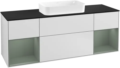 VILLEROY BOCH Toaletní skříňka Finion, s osvětlením, 4 výsuvy, 1600 x 603 x 501 mm, bílý matný lak / olivový matný lak / černé matné sklo #F332GMMT