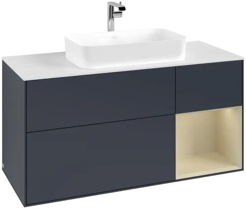 VILLEROY BOCH Toaletní skříňka Finion, s osvětlením, 3 výsuvy, 1200 x 603 x 501 mm, Midnight Blue Matt Lacquer / Silk Grey Matt Lacquer / Glass White Matt #F301HJHG