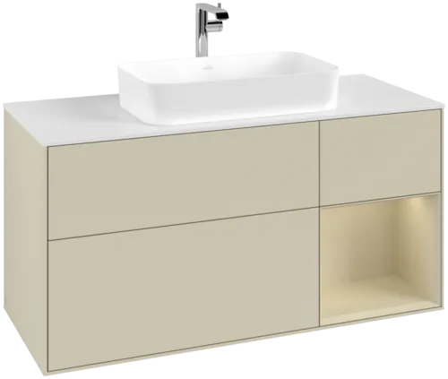 VILLEROY BOCH Toaletní skříňka Finion, s osvětlením, 3 výsuvy, 1200 x 603 x 501 mm, Silk Grey Matt Lacquer / Silk Grey Matt Lacquer / Glass White Matt #F301HJHJ
