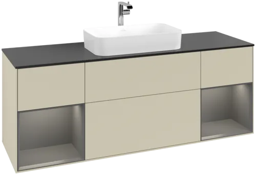 VILLEROY BOCH Toaletní skříňka Finion, s osvětlením, 4 výsuvy, 1600 x 603 x 501 mm, hedvábně šedý matný lak / antracitový matný lak / černé matné sklo #F332GKHJ
