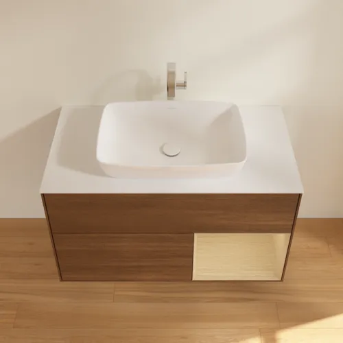 VILLEROY BOCH Umyvadlová skříňka Finion, s osvětlením, 2 výsuvy, 1000 x 603 x 501 mm, ořechová dýha / dubová dýha / sklo bílé matné #F781PCGN, obrázek 4