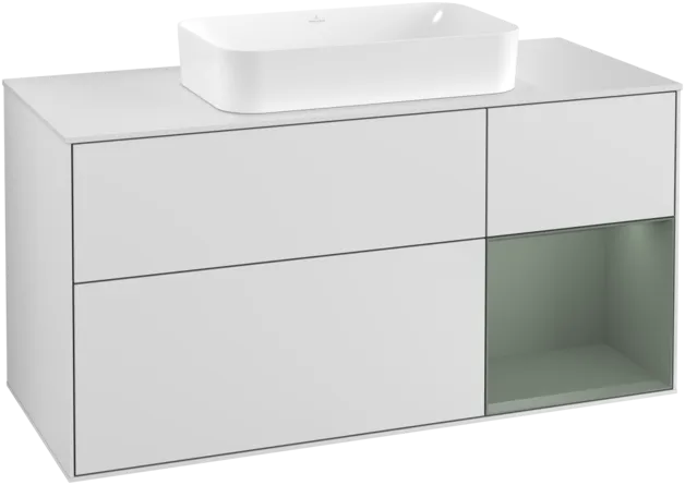 VILLEROY BOCH Toaletní skříňka Finion, s osvětlením, 3 výsuvy, 1200 x 603 x 501 mm, bílý matný lak / olivový matný lak / sklo bílé matné #F301GMMT