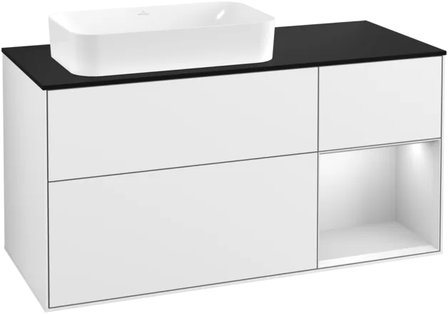 VILLEROY BOCH Toaletní skříňka Finion, s osvětlením, 3 výsuvy, 1200 x 603 x 501 mm, lesklý bílý lak / bílý matný lak / sklo černé matné #F282MTGF
