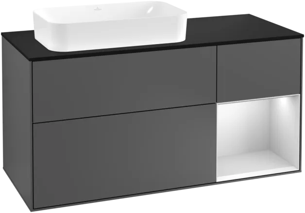 VILLEROY BOCH Toaletní skříňka Finion, s osvětlením, 3 výsuvy, 1200 x 603 x 501 mm, antracitový matný lak / bílý matný lak / černé matné sklo #F282MTGK