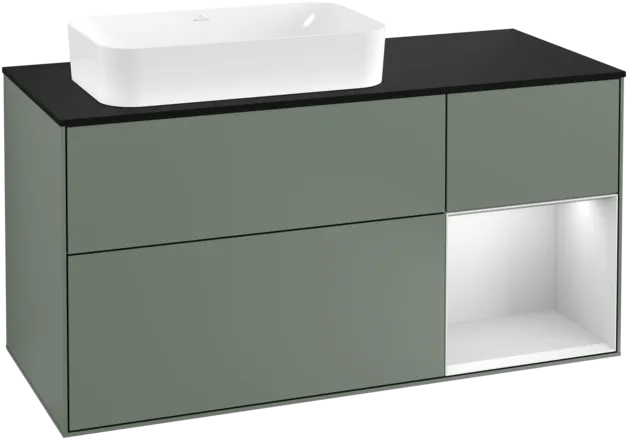 VILLEROY BOCH Toaletní skříňka Finion, s osvětlením, 3 výsuvy, 1200 x 603 x 501 mm, olivový matný lak / bílý matný lak / černé matné sklo #F282MTGM
