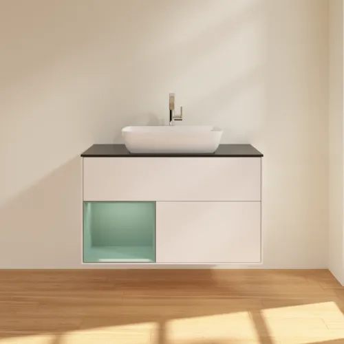 VILLEROY BOCH Toaletní skříňka Finion, s osvětlením, 2 výsuvy, 1000 x 603 x 501 mm, bílý matný lak / olivový matný lak / černé matné sklo #F772GMMT, obrázek 3