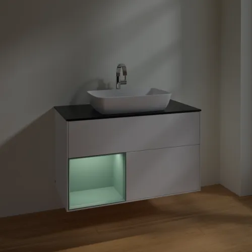VILLEROY BOCH Toaletní skříňka Finion, s osvětlením, 2 výsuvy, 1000 x 603 x 501 mm, bílý matný lak / olivový matný lak / černé matné sklo #F772GMMT, obrázek 5