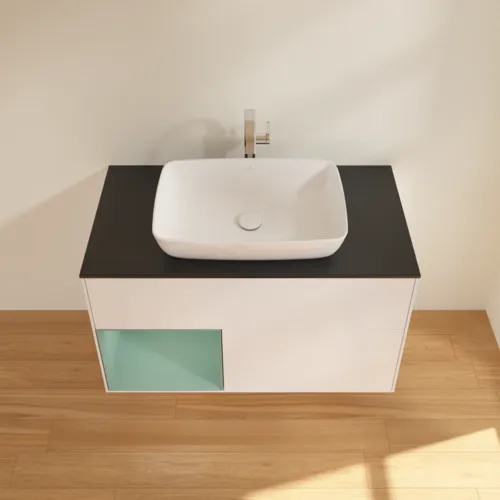 VILLEROY BOCH Toaletní skříňka Finion, s osvětlením, 2 výsuvy, 1000 x 603 x 501 mm, bílý matný lak / olivový matný lak / černé matné sklo #F772GMMT, obrázek 4