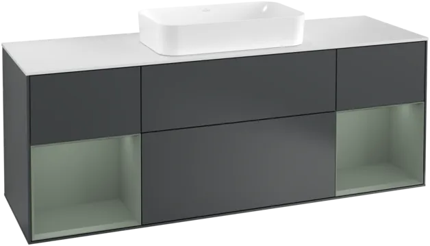 VILLEROY BOCH Toaletní skříňka Finion, s osvětlením, 4 výsuvy, 1600 x 603 x 501 mm, Midnight Blue Matt Lacquer / Olive Matt Lacquer / Glass White Matt #F331GMHG