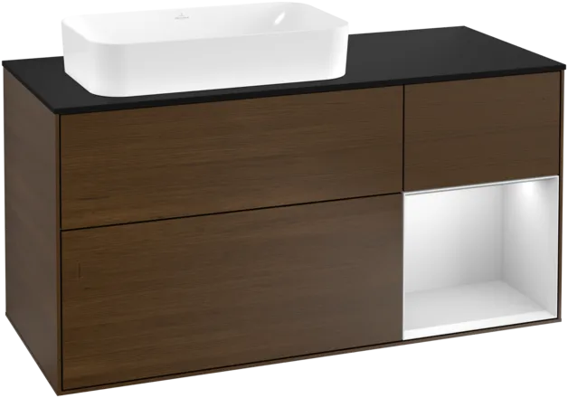VILLEROY BOCH Toaletní skříňka Finion, s osvětlením, 3 výsuvy, 1200 x 603 x 501 mm, ořechová dýha / bílý matný lak / černé matné sklo #F282MTGN