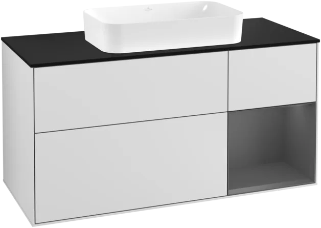 VILLEROY BOCH Toaletní skříňka Finion, s osvětlením, 3 výsuvy, 1200 x 603 x 501 mm, bílý matný lak / antracitový matný lak / černé matné sklo #F302GKMT