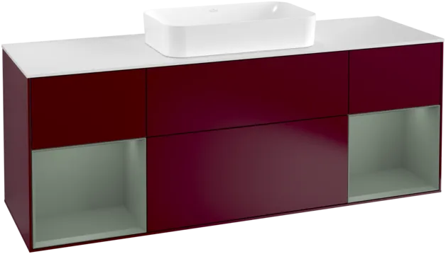 VILLEROY BOCH Toaletní skříňka Finion, s osvětlením, 4 výsuvy, 1600 x 603 x 501 mm, Pivoňka matný lak / Olivový matný lak / Sklo bílé matné #F331GMHB