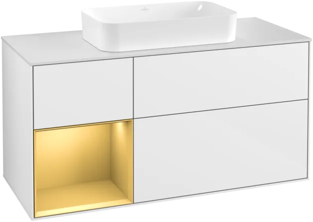 VILLEROY BOCH Toaletní skříňka Finion, s osvětlením, 3 výsuvy, 1200 x 603 x 501 mm, lesklý bílý lak / zlatý matný lak / bílé matné sklo #F291HFGF