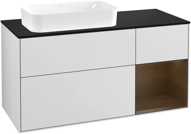 VILLEROY BOCH Toaletní skříňka Finion, s osvětlením, 3 výsuvy, 1200 x 603 x 501 mm, bílý matný lak / ořechová dýha / černé matné sklo #F282GNMT
