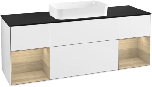 VILLEROY BOCH Toaletní skříňka Finion, s osvětlením, 4 výsuvy, 1600 x 603 x 501 mm, lesklý bílý lak / dubová dýha / černé matné sklo #F332PCGF