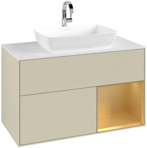 VILLEROY BOCH Toaletní skříňka Finion, s osvětlením, 2 výsuvy, 1000 x 603 x 501 mm, Silk Grey Matt Lacquer / Gold Matt Lacquer / Glass White Matt #F781HFHJ