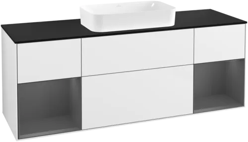 VILLEROY BOCH Toaletní skříňka Finion, s osvětlením, 4 výsuvy, 1600 x 603 x 501 mm, lesklý bílý lak / antracitový matný lak / černé matné sklo #F332GKGF