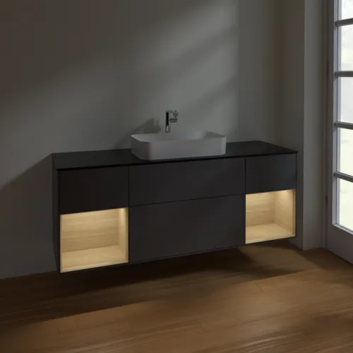 VILLEROY BOCH Toaletní skříňka Finion, s osvětlením, 4 výsuvy, 1600 x 603 x 501 mm, antracitový matný lak / dubová dýha / černé matné sklo #F332PCGK, obrázek 5