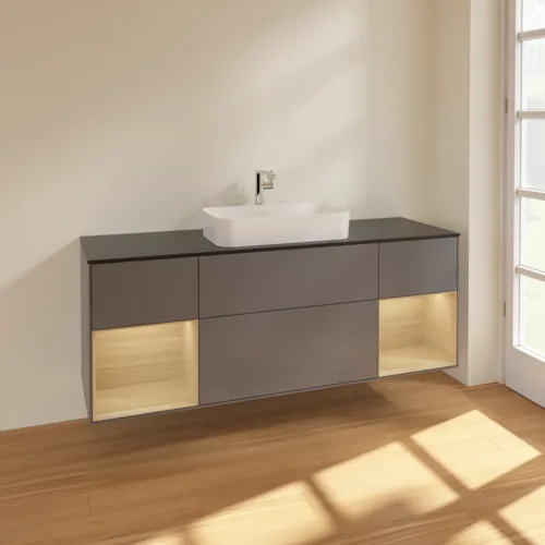VILLEROY BOCH Toaletní skříňka Finion, s osvětlením, 4 výsuvy, 1600 x 603 x 501 mm, antracitový matný lak / dubová dýha / černé matné sklo #F332PCGK, obrázek 2