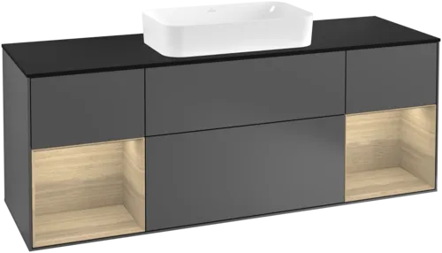 VILLEROY BOCH Toaletní skříňka Finion, s osvětlením, 4 výsuvy, 1600 x 603 x 501 mm, antracitový matný lak / dubová dýha / černé matné sklo #F332PCGK