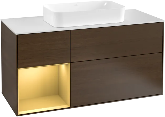VILLEROY BOCH Toaletní skříňka Finion, s osvětlením, 3 výsuvy, 1200 x 603 x 501 mm, ořechová dýha / zlatý matný lak / sklo bílé matné #F291HFGN