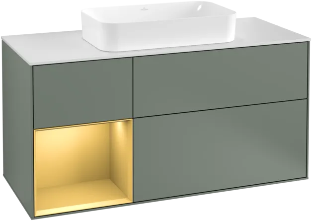 VILLEROY BOCH Toaletní skříňka Finion, s osvětlením, 3 výsuvy, 1200 x 603 x 501 mm, olivový matný lak / zlatý matný lak / bílé matné sklo #F291HFGM
