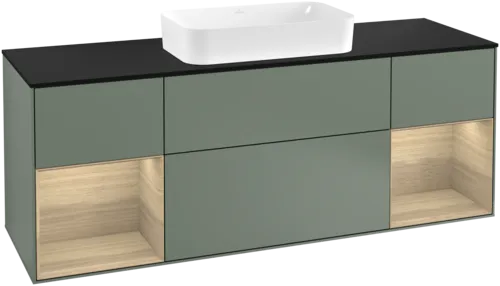 VILLEROY BOCH Toaletní skříňka Finion, s osvětlením, 4 výsuvy, 1600 x 603 x 501 mm, olivový matný lak / dubová dýha / sklo černé matné #F332PCGM