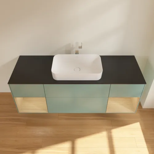 VILLEROY BOCH Toaletní skříňka Finion, s osvětlením, 4 výsuvy, 1600 x 603 x 501 mm, olivový matný lak / dubová dýha / sklo černé matné #F332PCGM, obrázek 4