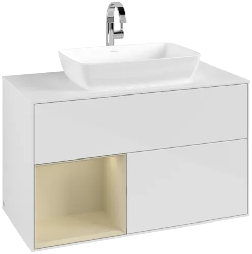 VILLEROY BOCH Toaletní skříňka Finion, s osvětlením, 2 výsuvy, 1000 x 603 x 501 mm, lesklý bílý lak / hedvábně šedý matný lak / bílé matné sklo #F771HJGF