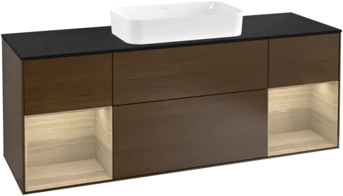 VILLEROY BOCH Toaletní skříňka Finion, s osvětlením, 4 výsuvy, 1600 x 603 x 501 mm, ořechová dýha / dubová dýha / sklo černé matné #F332PCGN