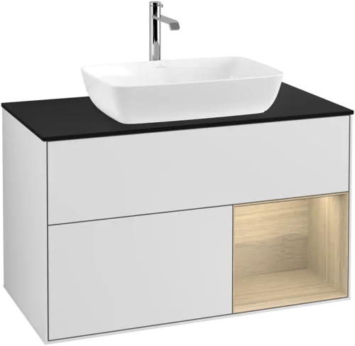 VILLEROY BOCH Toaletní skříňka Finion, s osvětlením, 2 výsuvy, 1000 x 603 x 501 mm, bílý matný lak / dubová dýha / černé matné sklo #F782PCMT