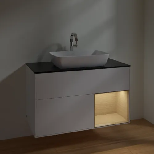 VILLEROY BOCH Toaletní skříňka Finion, s osvětlením, 2 výsuvy, 1000 x 603 x 501 mm, bílý matný lak / dubová dýha / černé matné sklo #F782PCMT, obrázek 5
