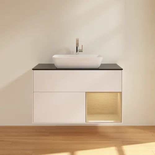 VILLEROY BOCH Toaletní skříňka Finion, s osvětlením, 2 výsuvy, 1000 x 603 x 501 mm, bílý matný lak / dubová dýha / černé matné sklo #F782PCMT, obrázek 3