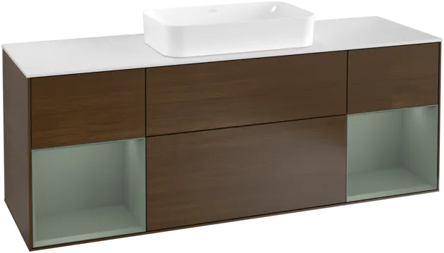 VILLEROY BOCH Toaletní skříňka Finion, s osvětlením, 4 výsuvy, 1600 x 603 x 501 mm, ořechová dýha / olivový matný lak / sklo bílé matné #F331GMGN