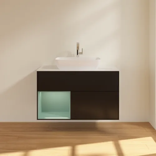 VILLEROY BOCH Toaletní skříňka Finion, s osvětlením, 2 výsuvy, 1000 x 603 x 501 mm, černý matný lak / olivový matný lak / bílé matné sklo #F771GMPD, obrázek 3
