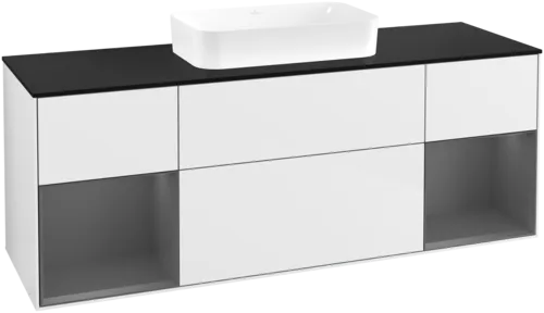 VILLEROY BOCH Toaletní skříňka Finion, s osvětlením, 4 výsuvy, 1600 x 603 x 501 mm, lesklý bílý lak / antracitový matný lak / černé matné sklo #F742GKGF