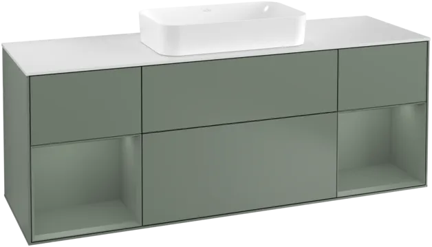 VILLEROY BOCH Toaletní skříňka Finion, s osvětlením, 4 výsuvy, 1600 x 603 x 501 mm, olivově matný lak / olivově matný lak / sklo bílé matné #F331GMGM