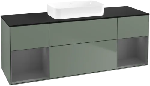 VILLEROY BOCH Toaletní skříňka Finion, s osvětlením, 4 výsuvy, 1600 x 603 x 501 mm, olivový matný lak / antracitový matný lak / černé matné sklo #F742GKGM