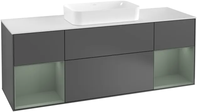 VILLEROY BOCH Toaletní skříňka Finion, s osvětlením, 4 výsuvy, 1600 x 603 x 501 mm, antracitový matný lak / olivový matný lak / bílé matné sklo #F331GMGK