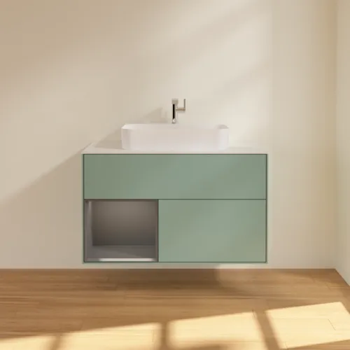 VILLEROY BOCH Toaletní skříňka Finion, s osvětlením, 2 výsuvy, 1000 x 603 x 501 mm, olivový matný lak / antracitový matný lak / bílé matné sklo #F361GKGM, obrázek 3