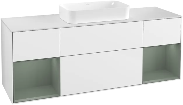 VILLEROY BOCH Toaletní skříňka Finion, s osvětlením, 4 výsuvy, 1600 x 603 x 501 mm, lesklý bílý lak / olivově matný lak / sklo bílé matné #F331GMGF