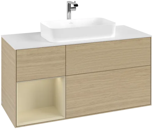 VILLEROY BOCH Toaletní skříňka Finion, s osvětlením, 3 výsuvy, 1200 x 603 x 501 mm, dubová dýha / hedvábně šedý matný lak / sklo bílé matné #F291HJPC
